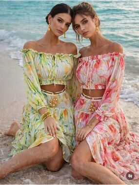 Floral Off-Shoulder Two-Piece Set in Yellow & Pink